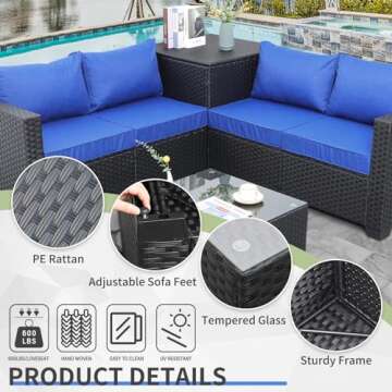 Outdoor PE Wicker Furniture Set 4 Piece Patio Black Rattan Sectional Loveseat Couch Set Conversation Sofa with Storage Box Glass Top Table and Non-Slip Royal Blue Cushion