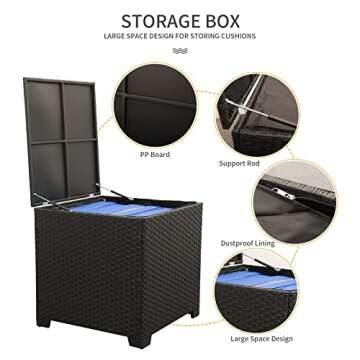 Outdoor PE Wicker Furniture Set 4 Piece Patio Black Rattan Sectional Loveseat Couch Set Conversation Sofa with Storage Box Glass Top Table and Non-Slip Royal Blue Cushion