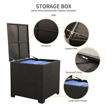 Outdoor PE Wicker Furniture Set 4 Piece Patio Black Rattan Sectional Loveseat Couch Set Conversation Sofa with Storage Box Glass Top Table and Non-Slip Royal Blue Cushion