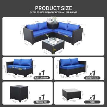 Outdoor PE Wicker Furniture Set 4 Piece Patio Black Rattan Sectional Loveseat Couch Set Conversation Sofa with Storage Box Glass Top Table and Non-Slip Royal Blue Cushion