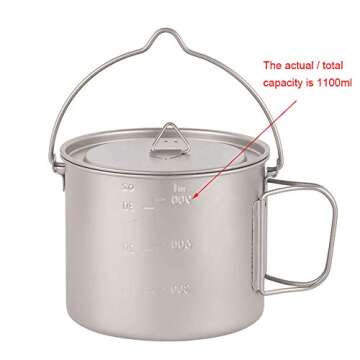 Lixada 1100ml/2800ml Titanium Pot Ultralight Portable Hanging Pot with Lid and Foldable Handle Outdoor Camping Hiking Backpacking (1100ml)