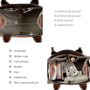 Travistar Suede Tote Bag for Women - Women's Faux Leather Suede Purse Vintage Top Handle Handbag Crossbody Bag Retro Satchel Bag Shoulder Bag Work Bag Leather Hobo Bag 2024 with Adjustable Strap Brown