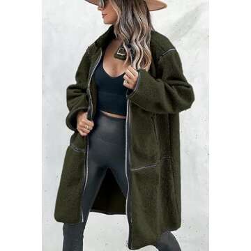 PRETTYGARDEN Women's Full Zip Fleece Jacket Long Sleeve Lapel Warm Winter Sherpa Coat With Pockets (Army Green,Small)