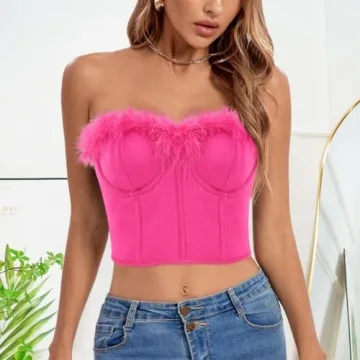 TYNORA Women's Feather Corset Top Strapless Glamorous