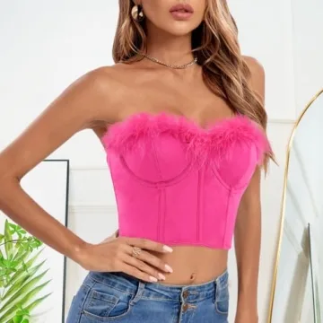 TYNORA Women's Feather Corset Top Strapless Glamorous