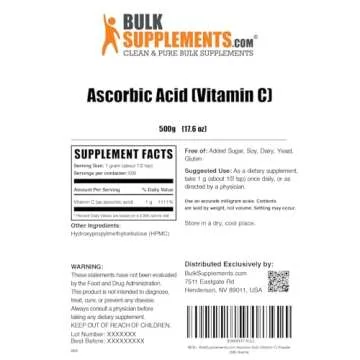 BulkSupplements.com Ascorbic Acid Powder - Vitamin C Supplement, Ascorbic Acid Food Grade - Powdered Vitamin C, Immune Support - Gluten Free, 1g per Serving, 500g (1.1 lbs) (Pack of 1)