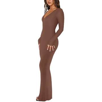 REORIA Women's Sexy Soft Lounge Ribbed Long Dress Elegant Long Sleeve Deep V Neck Bodycon Maxi Dresses
