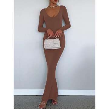 REORIA Women's Sexy Soft Lounge Ribbed Long Dress Elegant Long Sleeve Deep V Neck Bodycon Maxi Dresses