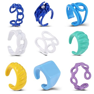 Chunky Colorful Rings for Women - 9 Pcs Trendy Stacking Jewelry