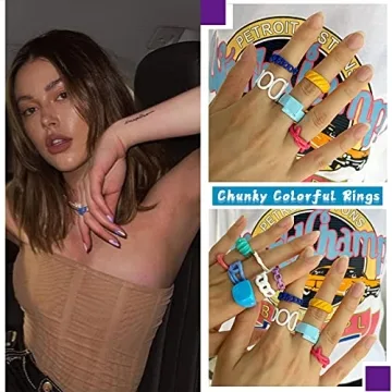 Trendy Chunky Colorful Rings Set for Women - 9 Pcs