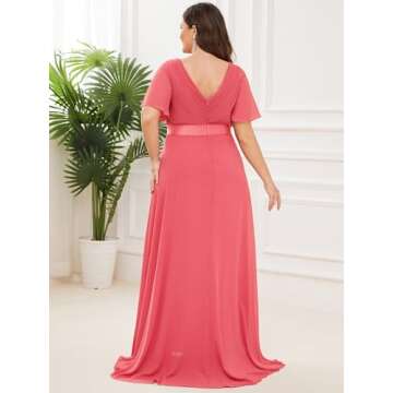 Ever-Pretty Women's Double V-Neck Chiffon Formal Dress, Plus Size Bridesmaid Dress in Coral, Size 22