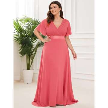 Ever-Pretty Plus Size Double V-Neck Chiffon Dress Coral