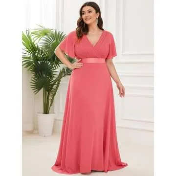 Ever-Pretty Plus Size Double V-Neck Chiffon Dress Coral