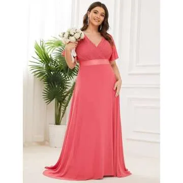 Ever-Pretty Plus Size Double V-Neck Chiffon Dress Coral