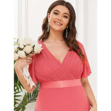 Ever-Pretty Plus Size Double V-Neck Chiffon Dress Coral