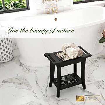 Bamboo Shower Bench Inside Shower Stool with Storage Shelf, Spa Bath Chair for Bathroom, Seat or Organizer for Living Room, Bedroom and Garden - Great for All Ages Unisex Elderly (Small, Black)