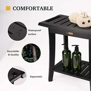 Bamboo Shower Bench Inside Shower Stool with Storage Shelf, Spa Bath Chair for Bathroom, Seat or Organizer for Living Room, Bedroom and Garden - Great for All Ages Unisex Elderly (Small, Black)