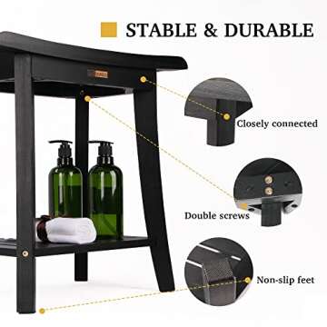 Bamboo Shower Bench Inside Shower Stool with Storage Shelf, Spa Bath Chair for Bathroom, Seat or Organizer for Living Room, Bedroom and Garden - Great for All Ages Unisex Elderly (Small, Black)