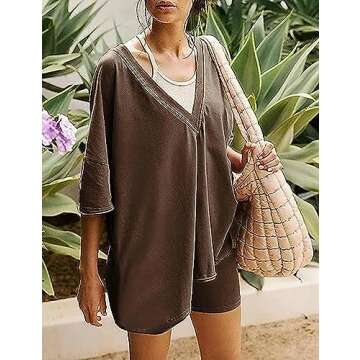 VAOYIU Womens 2 Piece Outfits Oversized Hot Shot Reversible set V Neck T Shirt Biker Shorts Workout Sets(-Brown-M)