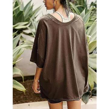 VAOYIU Womens 2 Piece Outfits Oversized Hot Shot Reversible set V Neck T Shirt Biker Shorts Workout Sets(-Brown-M)