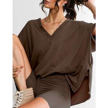 VAOYIU Womens 2 Piece Outfits Oversized Hot Shot Reversible set V Neck T Shirt Biker Shorts Workout Sets(-Brown-M)