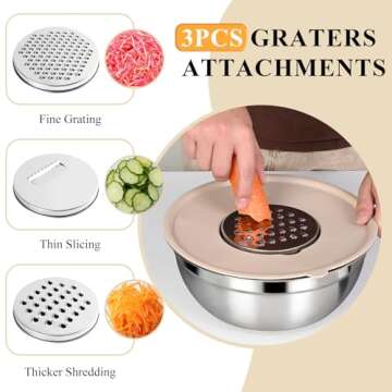 Mixing Bowls with Airtight Lids Set, 20 PCS Kitchen Gadgets Set, 6 Stainless Steel Bowls, 3 Grater Attachments, Non-Slip Silicone Bottoms, Great for Serving&Baking, Size 5, 4, 3.5, 2.1, 1.5, 1.1QT