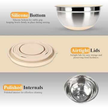 Mixing Bowls with Airtight Lids Set, 20 PCS Kitchen Gadgets Set, 6 Stainless Steel Bowls, 3 Grater Attachments, Non-Slip Silicone Bottoms, Great for Serving&Baking, Size 5, 4, 3.5, 2.1, 1.5, 1.1QT