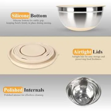 Mixing Bowls with Airtight Lids Set, 20 PCS Kitchen Gadgets Set, 6 Stainless Steel Bowls, 3 Grater Attachments, Non-Slip Silicone Bottoms, Great for Serving&Baking, Size 5, 4, 3.5, 2.1, 1.5, 1.1QT