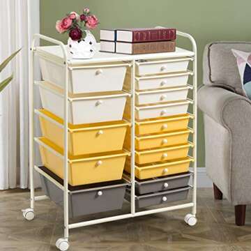 RELAX4LIFE Storage Drawer Carts W/15-Drawer,Rolling Wheels Semi-Transparent Multipurpose Mobile Roll...