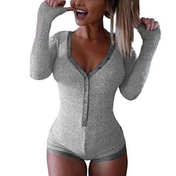 Roselux Women's Sexy Deep V Neck Shorts Long Sleeve Knitted One Piece Bodysuit Bodycon Rompers Overa...