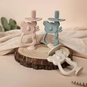 Moonkie Teething Toy, Safe & Easy to Hold BPA Free Silicone Teethers, 360° Baby Toothbrush with Suction Base, Teether Toys Best for Babies 6-12 Months (Koala Blush)