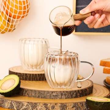 JNSMFC Double Wall Glass Coffee Mugs,4pcs,8oz,Classic Vertical Stripes Coffee Cups,Aesthetic Tea Cup...