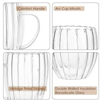 JNSMFC Double Wall Glass Coffee Mugs,4pcs,8oz,Classic Vertical Stripes Coffee Cups,Aesthetic Tea Cups,Clear Insulated Glass Cups for Hot or Cold Drinks,Origami Style Glass Coffee Mugs,Gift Boxed