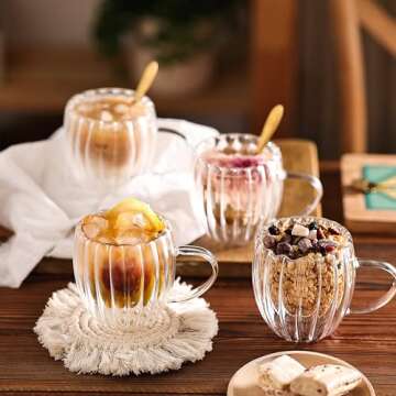 JNSMFC Double Wall Glass Coffee Mugs,4pcs,8oz,Classic Vertical Stripes Coffee Cups,Aesthetic Tea Cups,Clear Insulated Glass Cups for Hot or Cold Drinks,Origami Style Glass Coffee Mugs,Gift Boxed