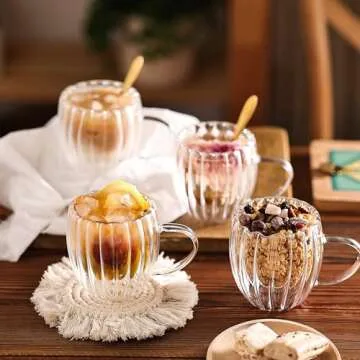 JNSMFC Double Wall Glass Coffee Mugs,4pcs,8oz,Classic Vertical Stripes Coffee Cups,Aesthetic Tea Cups,Clear Insulated Glass Cups for Hot or Cold Drinks,Origami Style Glass Coffee Mugs,Gift Boxed