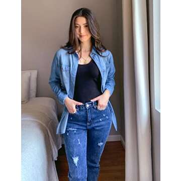 luvamia Women's Denim Shirt Night Out Tops for Women Denim Tunic Lapis Air Size Medium Size 8 Size 10