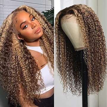 Beauty Forever #TL412 Honey Blonde Highlight Curly Lace Front Wig Human Hair Wigs For Women, 14 Inch...