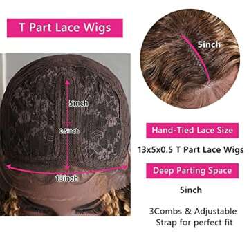 Beauty Forever #TL412 Honey Blonde Highlight Curly Lace Front Wig Human Hair Wigs For Women, 14 Inch T Part Lace Wig Virgin Human Hair Middle Part 13X5X0.5 Lace Part Wig 150% Density