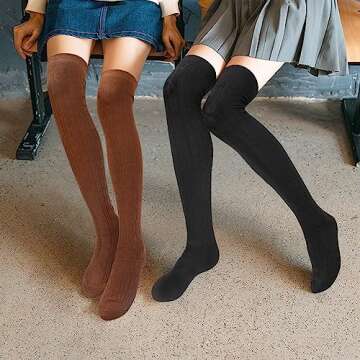4 Pairs Thigh High Socks for Women Knit Long Over the Knee Socks Knee High Socks Gifts,A-black/Brown/Grey/Cream White