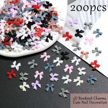 RODAKY 200PCS Bow Nail Charms Colorful 3D Bowknot Charms for Nail Art Resin Flatback Bow Nail Stud C...