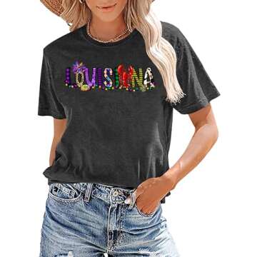 ELDPS Mardi Gras Shirts for Women: Louisiana Mardi Gras Tshirt Tuesday Carnival Party Short Sleeve T...