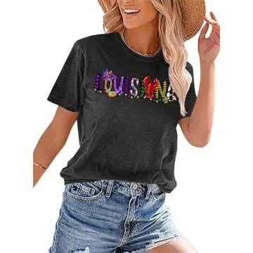 ELDPS Mardi Gras Shirts for Women: Louisiana Mardi Gras Tshirt Tuesday Carnival Party Short Sleeve Tops Grey