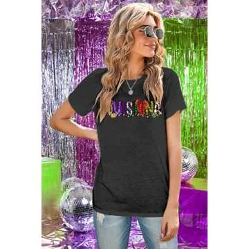 ELDPS Mardi Gras Shirts for Women: Louisiana Mardi Gras Tshirt Tuesday Carnival Party Short Sleeve Tops Grey