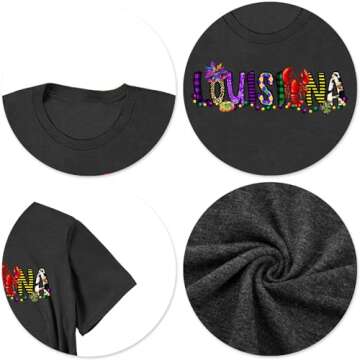 ELDPS Mardi Gras Shirts for Women: Louisiana Mardi Gras Tshirt Tuesday Carnival Party Short Sleeve Tops Grey