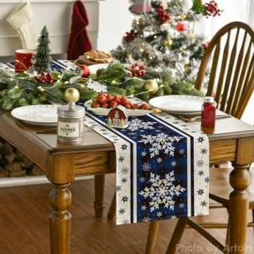Artoid Mode Buffalo Plaid Snowflakes Blue Christmas Table Runner - 13x36 Inch Holiday Décor