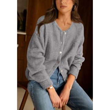 PRETTYGARDEN Long Sleeve Crewneck Button Down Womens Sweaters Spring Open Front Chunky Cardigan Sweaters for Women 2025 (Grey, Large)