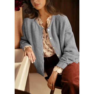 PRETTYGARDEN Long Sleeve Crewneck Button Down Womens Sweaters Spring Open Front Chunky Cardigan Sweaters for Women 2025 (Grey, Large)