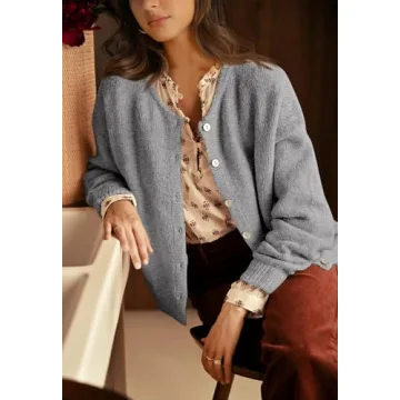 PRETTYGARDEN Long Sleeve Crewneck Button Down Womens Sweaters Spring Open Front Chunky Cardigan Sweaters for Women 2025 (Grey, Large)