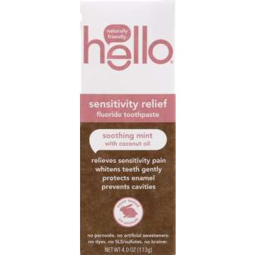 Hello Oral Care Sensitivity Relief Toothpaste for Sensitive Teeth with Fluoride + Coconut Oil Vegan ...