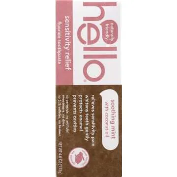 Hello Oral Care Sensitivity Relief Toothpaste for Sensitive Teeth with Fluoride + Coconut Oil Vegan SLS Free Whitening Oz, Soothing Mint, 4 Ounce